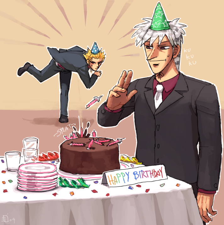 emlan, akagi shigeru, tokuchi toua, akagi, akagi: yami ni oritatta tensai, fukumoto mahjong, one outs, 2boys, birthday, cake, crossover, food, hat, multiple boys, mundane utility, party, party hat, pastry, surreal, voice actor connection