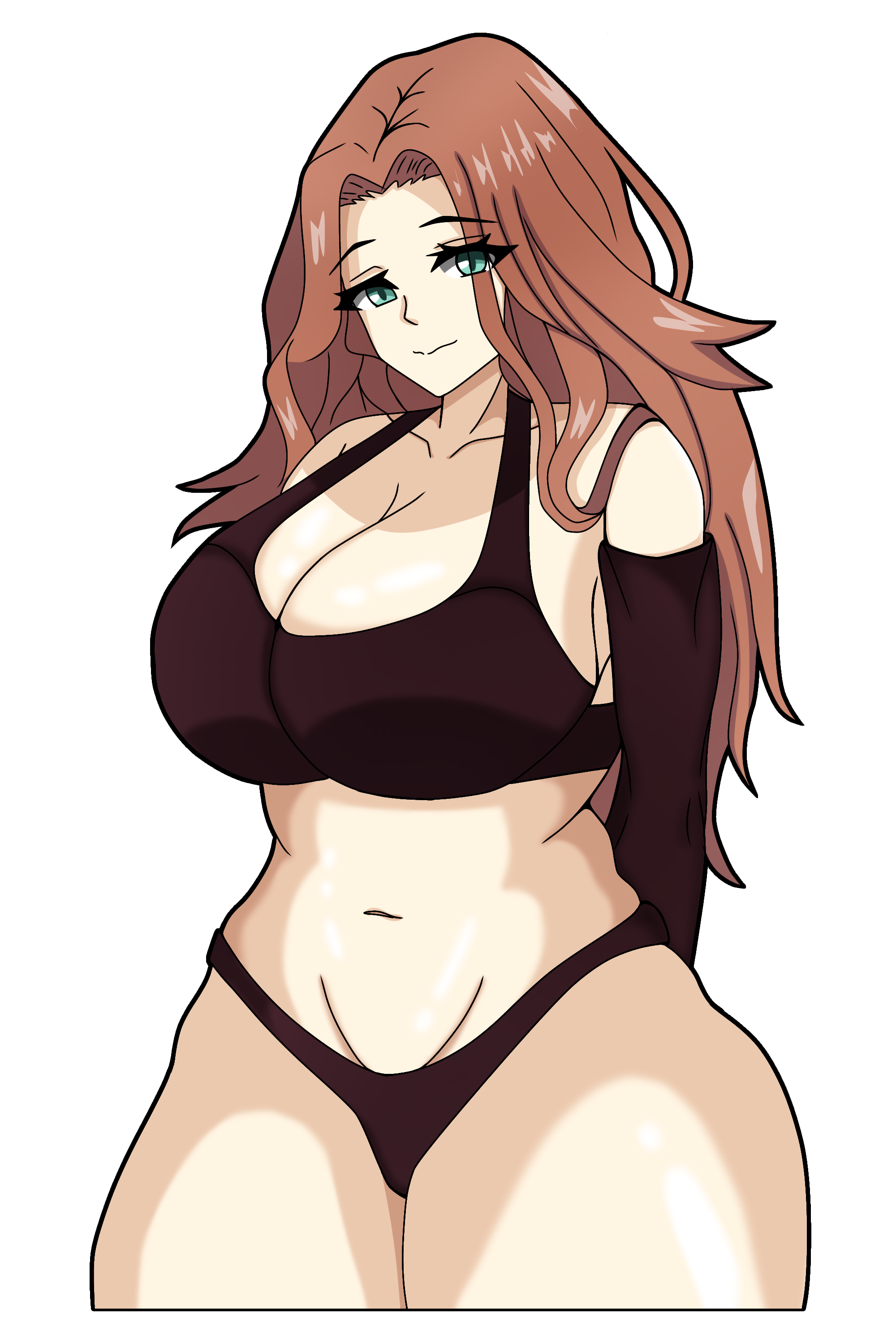 aphrodite91, matsumoto rangiku, bleach, alternate eye color, arms behind back, bare shoulders, breasts, closed mouth, collarbone, crop top, elbow gloves, gloves, large breasts, legs together, orange hair, panties, shiny skin, thighs, underwear