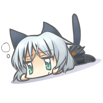 kishita, sanya v. litvyak, strike witches, world witches series, silver hair, uniform, lowres, 00s, 1girl, animal ears, black pantyhose, cat ears, cat tail, chibi, female focus, green eyes, lying, pantyhose, short hair, skirt, solo, tail