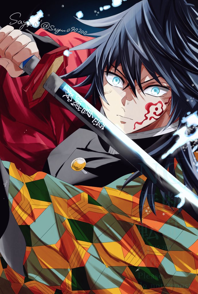 sayu090200, tomioka giyuu, kimetsu no yaiba, 1boy, black hair, black jacket, blood, blood on chest, blue eyes, buttons, closed mouth, demon slayer uniform, gold buttons, hair between eyes, haori, high collar, holding, holding sword, holding weapon, jacket, japanese clothes, katana, kikkoumon, long hair, looking at viewer, low ponytail, male focus, ponytail, print haori, red haori, serious, solo, spiked hair, sword, twitter username, upper body, v-shaped eyebrows, weapon