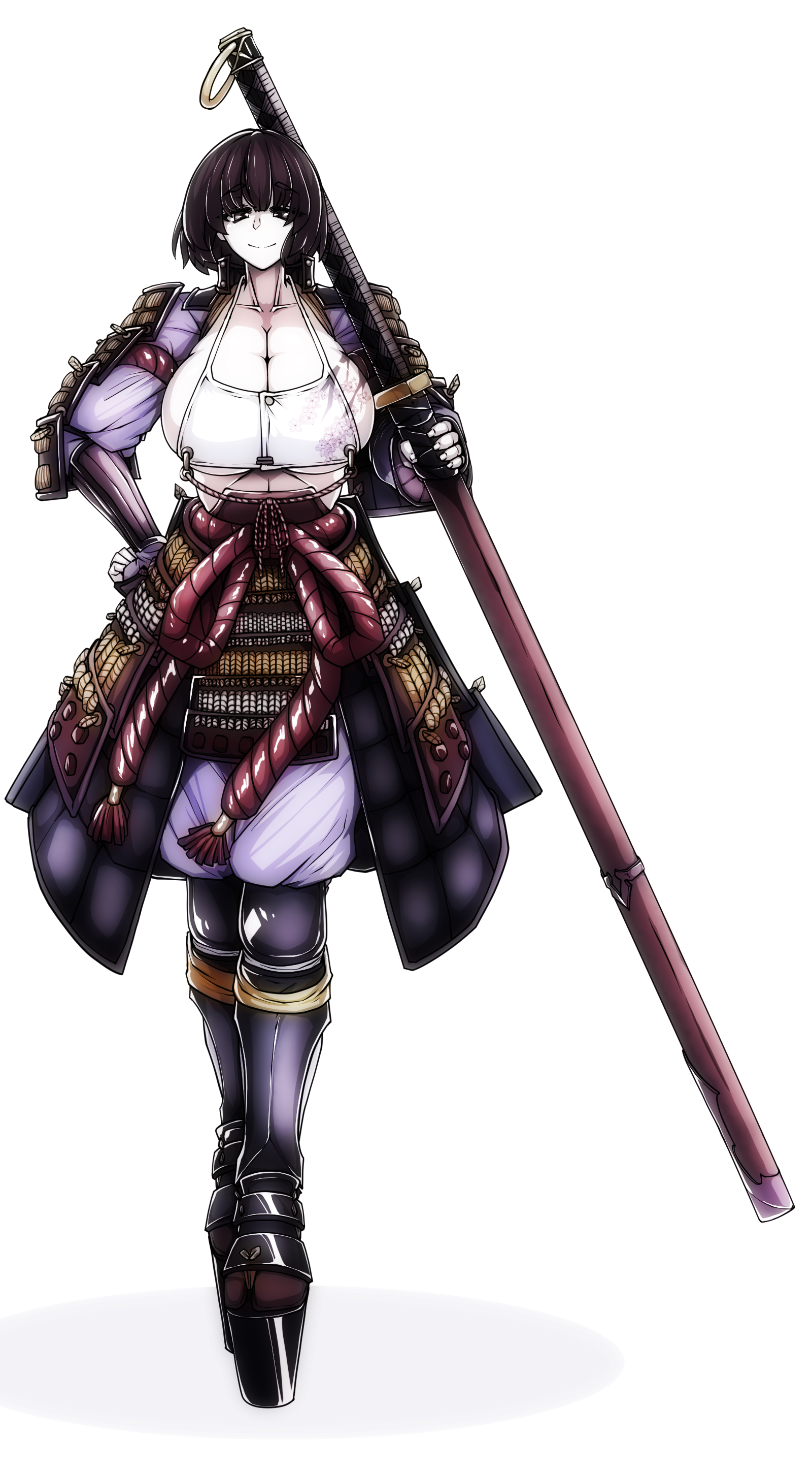lazy ant, original, absurdres, commission, highres, 1girl, armor, black hair, breasts, cleavage, closed mouth, eyebrows hidden by hair, full body, hand on own hip, holding, holding sword, holding weapon, huge weapon, katana, large breasts, looking at viewer, platform sandals, purple eyes, samurai, sandals, short hair, simple background, smile, solo, sword, unsheathed, weapon, white background