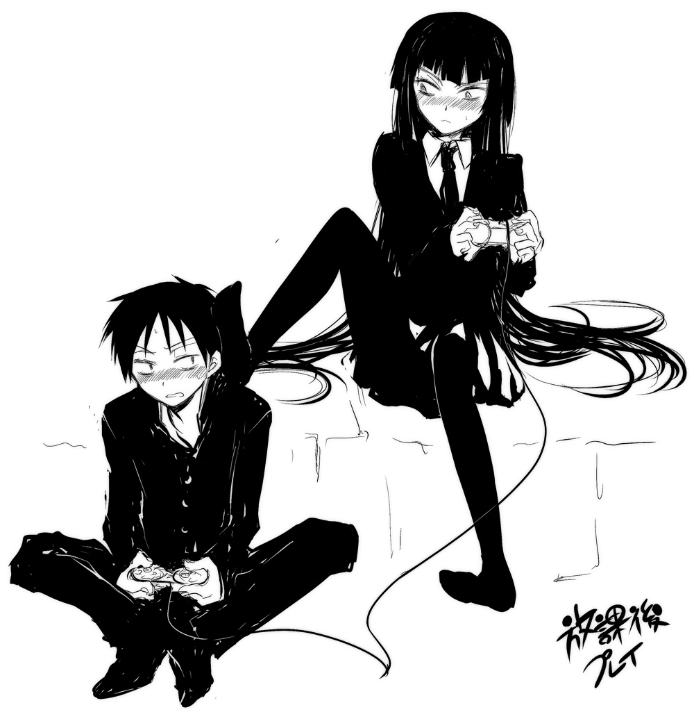 shima tokio, female protagonist (houkago play), male protagonist (houkago play), houkago play, bad id, bad pixiv id, 1boy, 1girl, black hair, blush, controller, feet, game controller, gamepad, greyscale, kicking, long hair, monochrome, necktie, pantyhose, playing games, school uniform, short hair, skirt, very long hair, video game