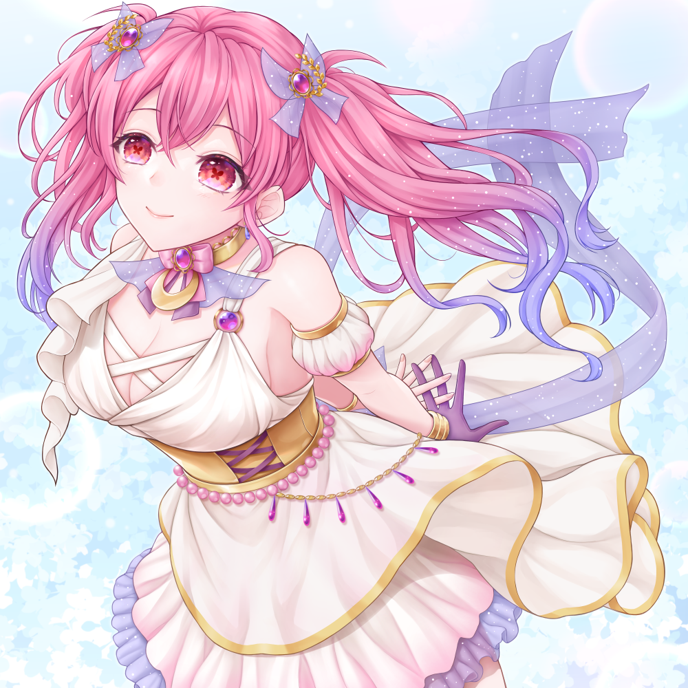 hatejima raichi, indie virtual youtuber, commentary request, commission, skeb commission, 1girl, arms behind back, bare shoulders, blue background, breasts, butterfly-shaped pupils, cleavage, closed mouth, cowboy shot, dress, gloves, gold trim, hair between eyes, hair ornament, large breasts, long hair, looking up, mochizuki ageha, pink eyes, pink hair, purple gloves, purple hair, single glove, sleeveless, sleeveless dress, smile, solo, symbol-shaped pupils, twintails, virtual youtuber, white dress