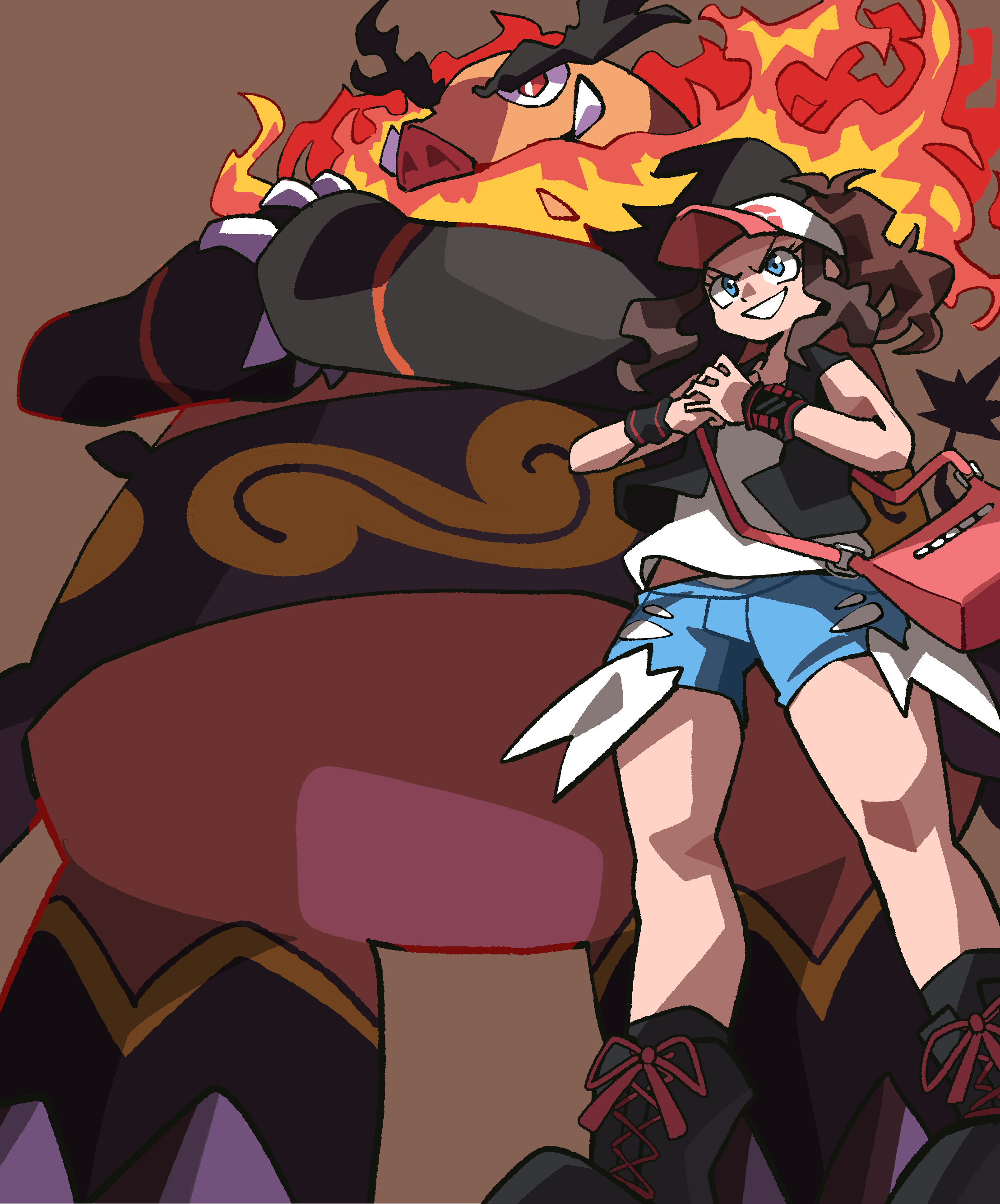 notus 49, emboar, hilda (pokemon), nintendo, pokemon, pokemon bw, absurdres, highres, 1girl, bag, baseball cap, black shoes, black vest, blue eyes, brown hair, denim, denim shorts, exposed pocket, fangs, fire, full body, gen 5 pokemon, grin, hat, high ponytail, long hair, looking to the side, open clothes, open vest, pink bag, poke ball print, pokemon (creature), ponytail, red eyes, shirt, shoes, short shorts, shorts, shoulder bag, sidelocks, simple background, smile, standing, tusks, vest, white shirt, wristband