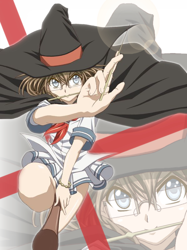 netarou (shinra), honami takase ambler, rental magica, 00s, blue eyes, broom, broom riding, glasses, hat, school uniform, serafuku, skirt, solo, witch, witch hat