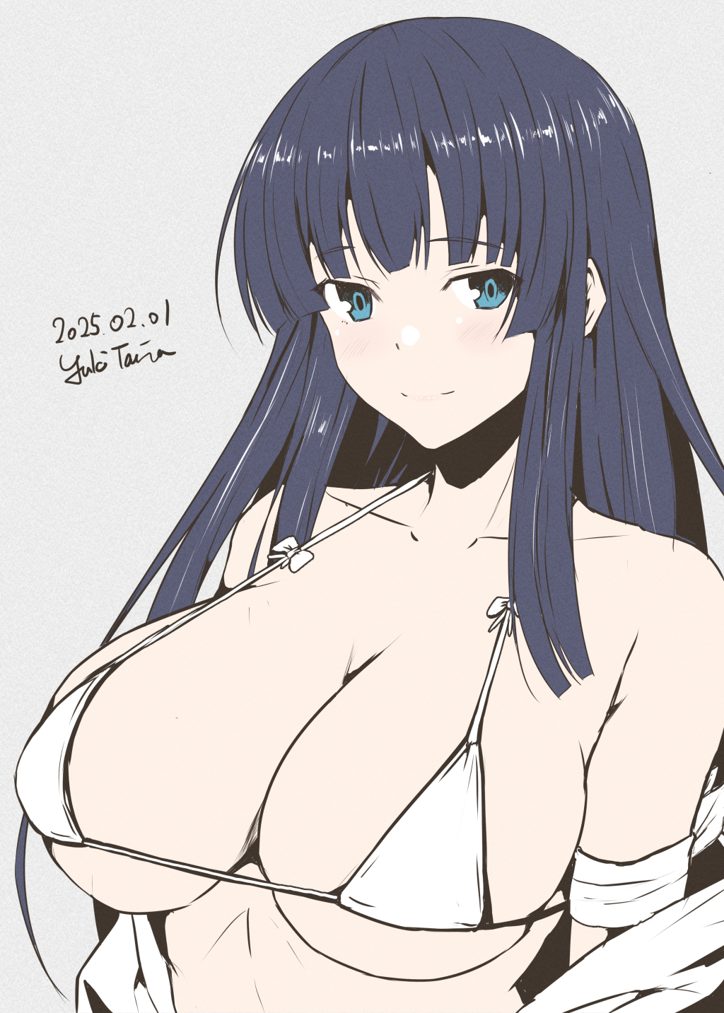 taira yuuki, ikaruga (senran kagura), senran kagura, commentary request, highres, 1girl, armband, bikini, blue eyes, breasts, closed mouth, hime cut, large breasts, light blush, long hair, looking at viewer, signature, simple background, solo, swimsuit, upper body, white armband, white bikini