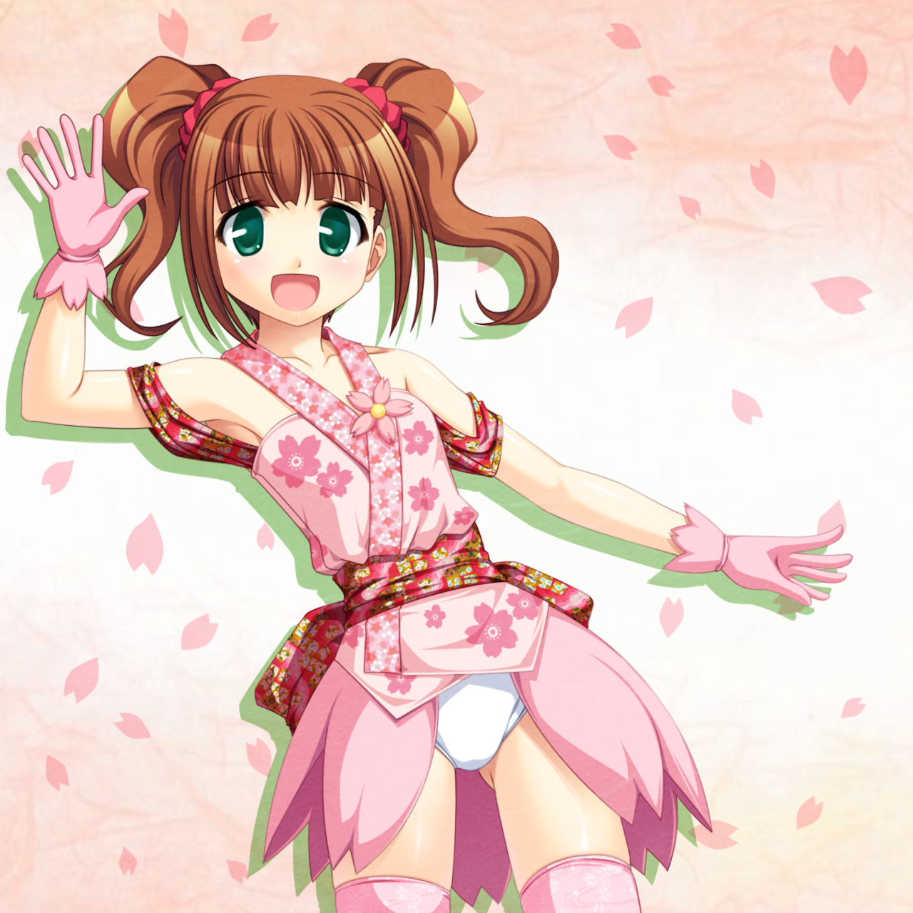 totokichi, takatsuki yayoi, idolmaster, idolmaster (classic), idolmaster 1, bad id, bad pixiv id, highres, 00s, 1girl, brown hair, female focus, gloves, green eyes, loli, open mouth, panties, petals, solo, standing, thighhighs, twintails, underwear