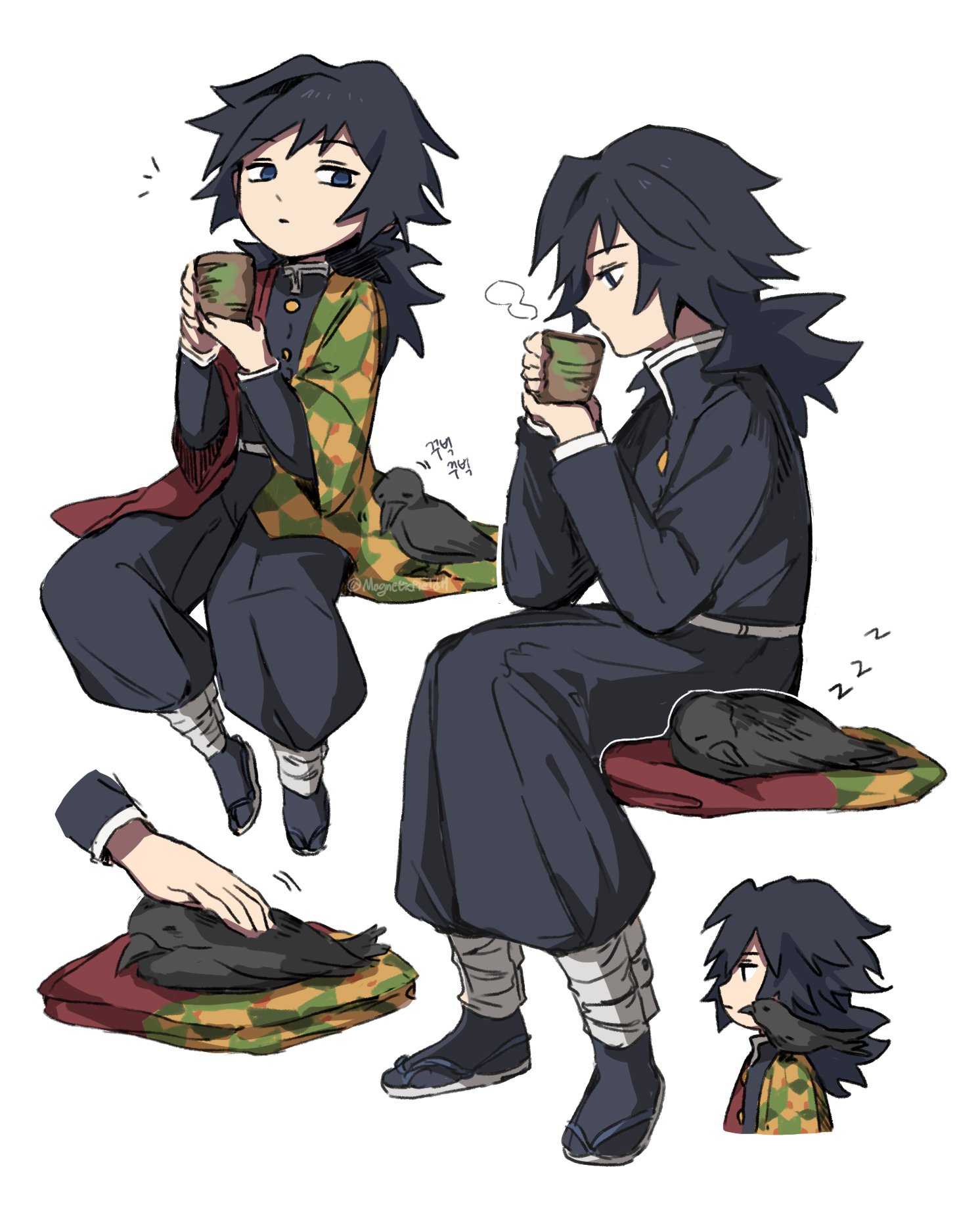 magneticfieldh, kanzaburou (kimetsu no yaiba), tomioka giyuu, kimetsu no yaiba, highres, 1boy, belt, bird, black hair, black jacket, black pants, blue eyes, buttons, chibi, crow, cup, demon slayer uniform, full body, gold buttons, haori, high collar, holding, holding cup, jacket, japanese clothes, katana, kikkoumon, low ponytail, male focus, multiple views, pants, ponytail, print haori, profile, red haori, simple background, sitting, solo, spiked hair, sword, upper body, weapon, white background, white belt