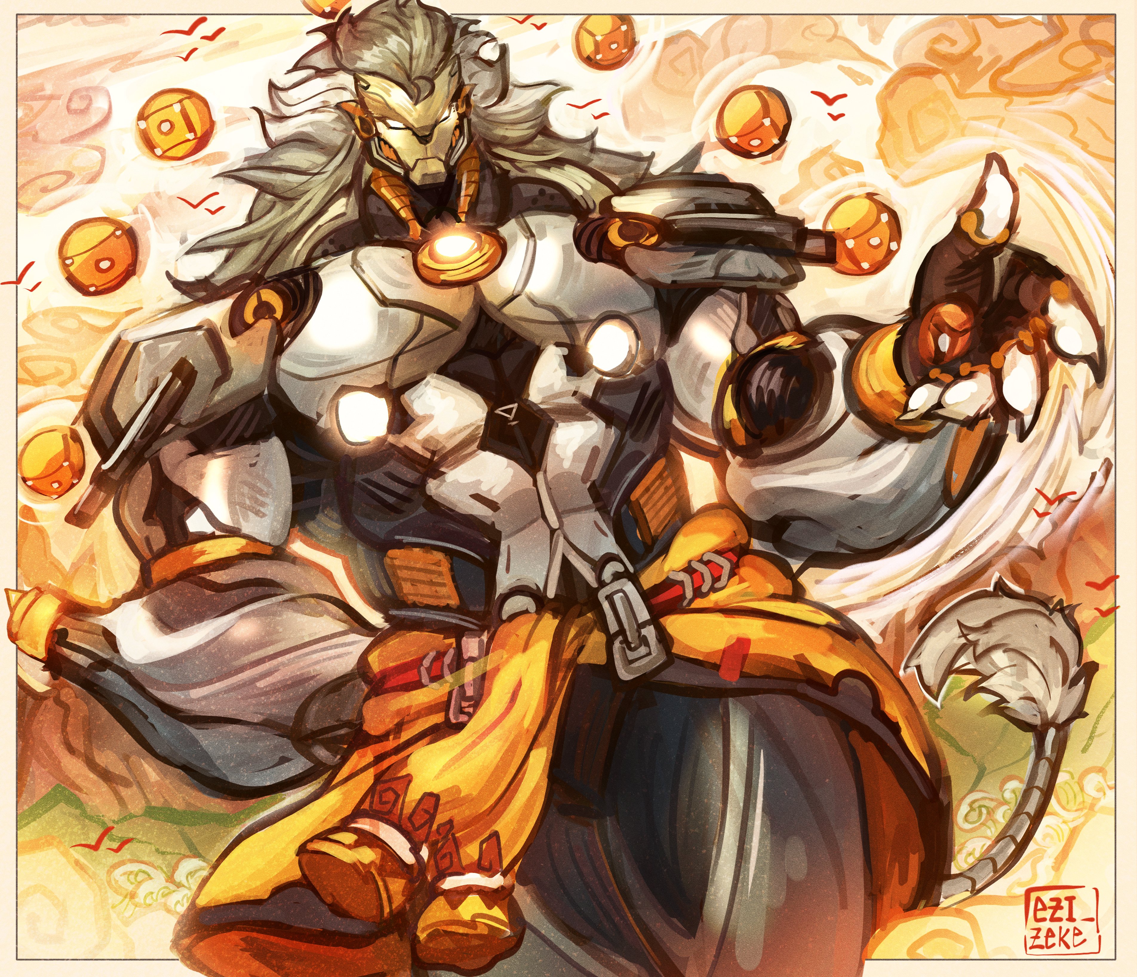ezizekekiel, zenless zone zero, absurdres, commentary, english commentary, highres, 1boy, arm behind back, artificial eye, artist name, banyue (zenless zone zero), biceps, bird, black gloves, claws, clothes around waist, cloud, cloudy sky, fingerless gloves, floating ball, gloves, grass, grey hair, humanoid robot, long hair, male focus, mechanical arms, mechanical eye, mechanical hands, mechanical legs, mechanical tail, metal skin, orb, robot, robot boy, sky, solo, tail, yellow sky