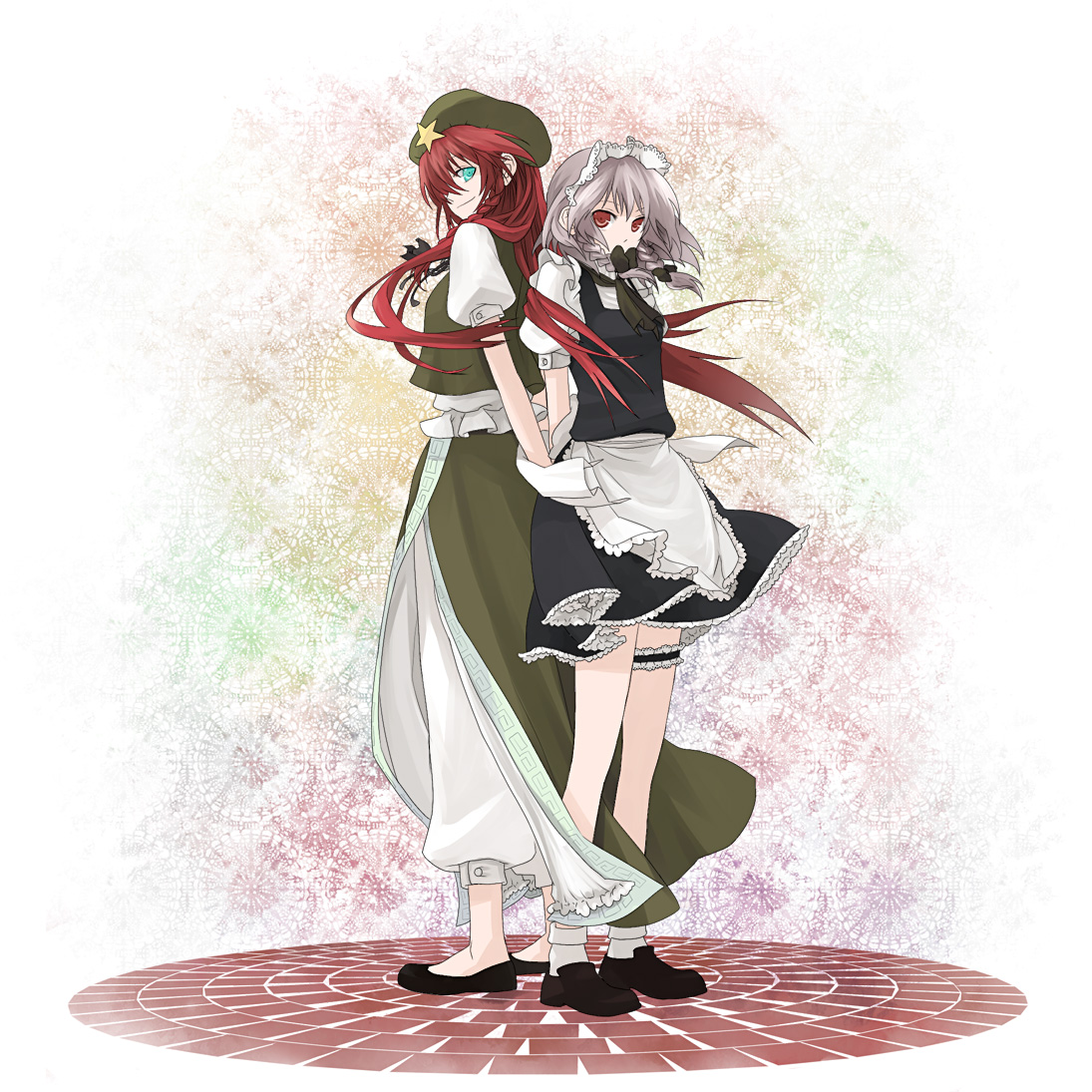 kintaro, hong meiling, izayoi sakuya, embodiment of scarlet devil, touhou, silver hair, 2girls, back-to-back, blue eyes, braid, china dress, chinese clothes, dress, female focus, hat, long hair, maid, multiple girls, red eyes, red hair, short hair, twin braids, wind