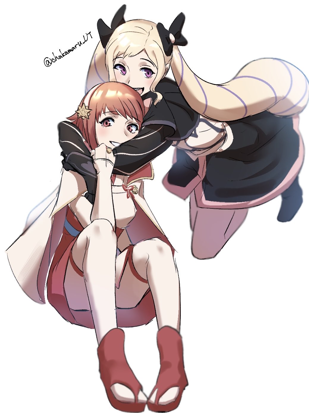 chakamaru ut, elise (fire emblem), sakura (fire emblem), fire emblem, fire emblem fates, nintendo, highres, 2girls, black bow, black dress, blonde hair, bow, breasts, cape, dress, hair bow, hug, hug from behind, japanese clothes, long hair, long sleeves, medium breasts, multicolored hair, multiple girls, purple eyes, purple hair, red eyes, red hair, short hair, simple background, smile, thighhighs, thighs, twintails, twitter username, two-tone hair, white background, white cape, white thighhighs