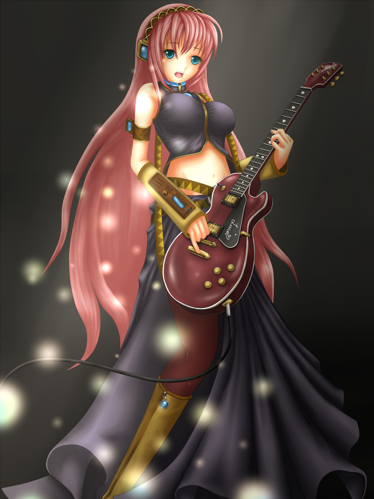 tomato (side walk), megurine luka, vocaloid, blue eyes, guitar, instrument, long hair, pink hair, solo, very long hair