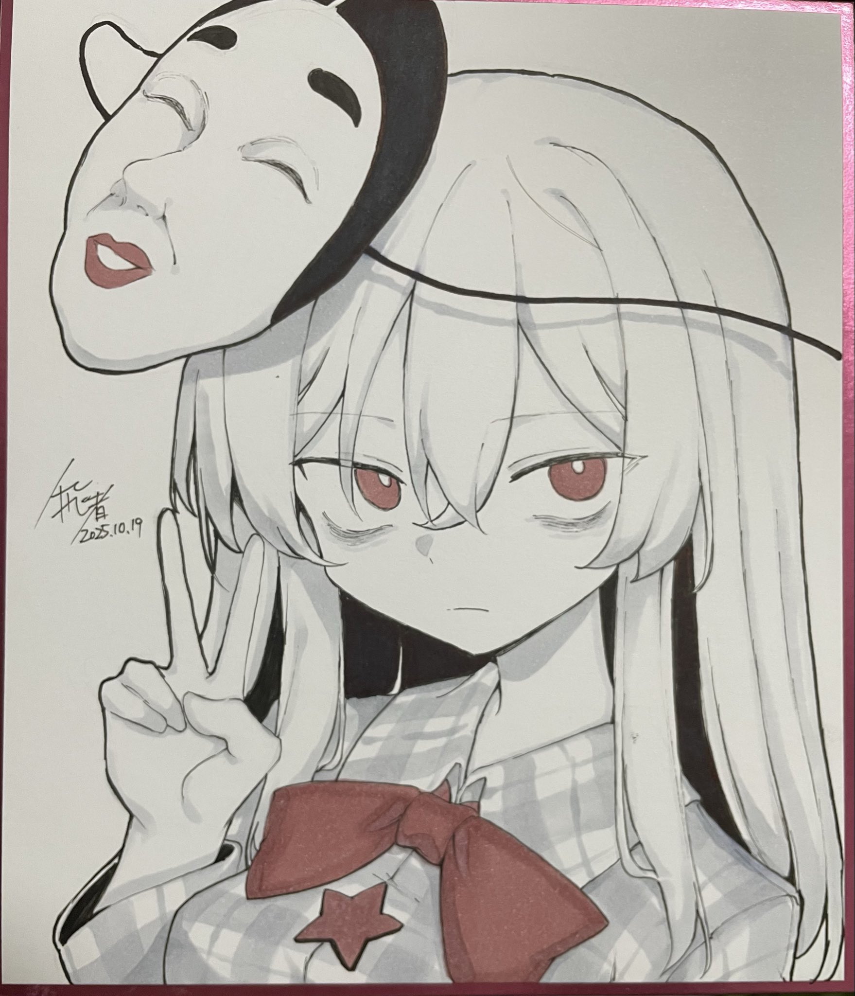 hisha (kan moko), hata no kokoro, touhou, highres, 1girl, bow, bowtie, bright pupils, closed mouth, collared shirt, crossed bangs, hair between eyes, hand up, long hair, mask, mask on head, partially colored, red bow, red bowtie, red button, red eyes, shirt, solo, star (symbol), star button, upper body, v, white pupils