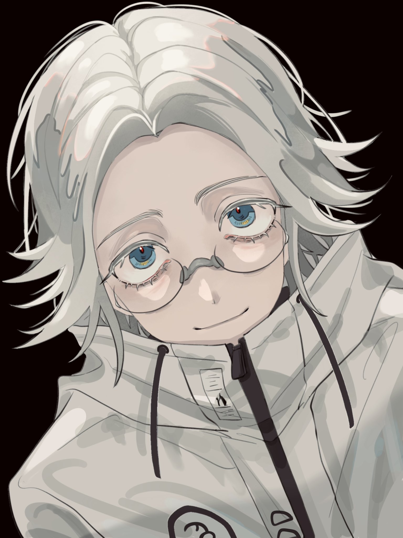 aotsuki eito, the hundred line -last defense academy-, hashtag-only commentary, highres, variant set, 1boy, black background, blue eyes, ccc48271292, drawstring, dutch angle, eyelashes, glasses, grey hair, jacket, looking at viewer, looking over eyewear, male focus, semi-rimless eyewear, short hair, simple background, smile, solo, white jacket
