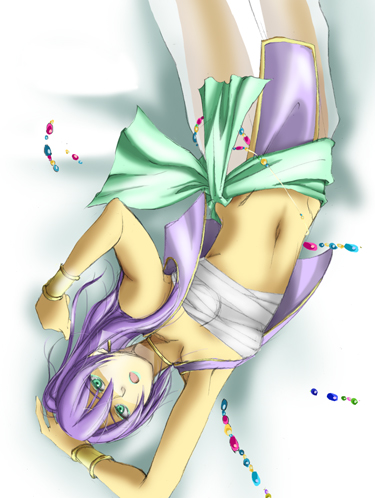 aya tiyo, faris scherwiz, mystic knight, final fantasy, final fantasy v, lowres, 1990s (style), 1girl, dancer, female focus, green eyes, lipstick, long hair, lying, makeup, midriff, open mouth, retro artstyle, solo