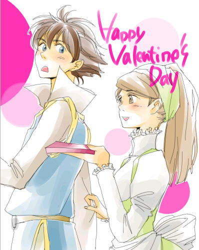 aya tiyo, village girl, bartz klauser, final fantasy, final fantasy v, bad id, bad pixiv id, lowres, 1990s (style), 1boy, 1girl, blush, brown eyes, brown hair, happy valentine, long hair, maid, retro artstyle, smile, valentine