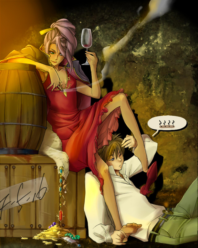 aya tiyo, bartz klauser, faris scherwiz, final fantasy, final fantasy v, 1990s (style), 1boy, 1girl, ?, alcohol, barefoot, barrel, cigar, crate, dress, feet, glass, green eyes, hair up, hands on feet, holding with feet, long hair, one eye closed, pirate, purple hair, shoe dangle, sitting, smile, tomboy, treasure, wine, wink