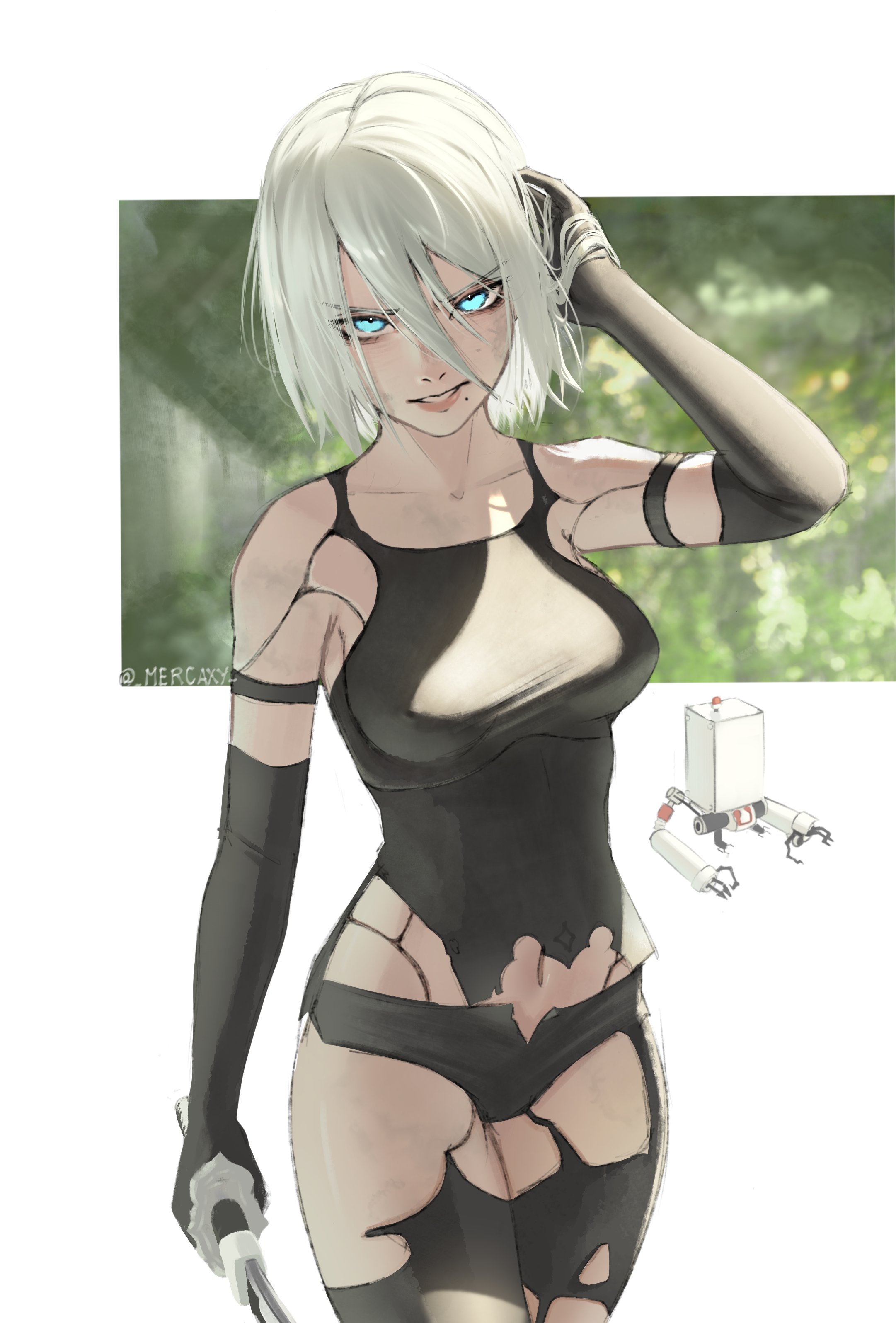 mercaxy, a2 (nier:automata), yorha, nier:automata, nier (series), absurdres, commentary, english commentary, highres, 1girl, alternate hair length, alternate hairstyle, android, artist name, bare shoulders, black gloves, blue eyes, breasts, elbow gloves, gloves, joints, large breasts, looking at viewer, mole, mole under mouth, navel, no blindfold, robot joints, short hair, shorts, sword, thighhighs, torn clothes, twitter username, virtuous contract, weapon, white hair