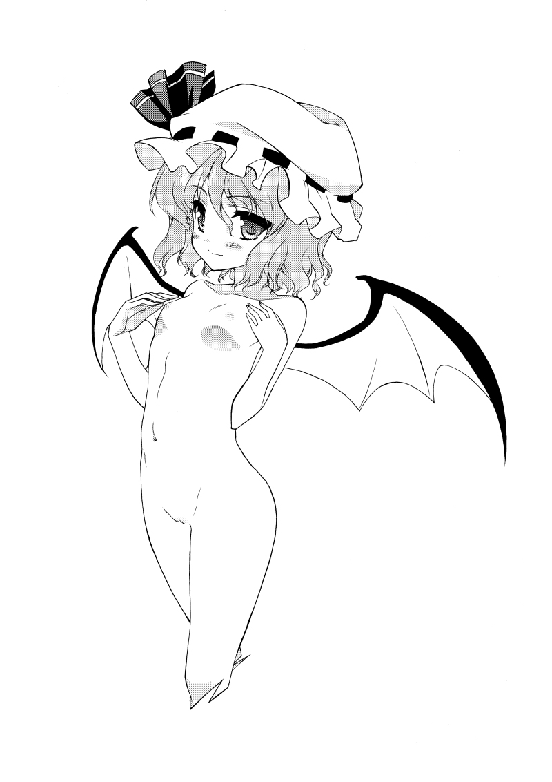 hyouju issei, tsukiyo-b, remilia scarlet, touhou, 1girl, bat wings, blush, cropped legs, female focus, flat chest, greyscale, hat, loli, monochrome, navel, nipples, nude, ribbon, solo, uncensored, wings