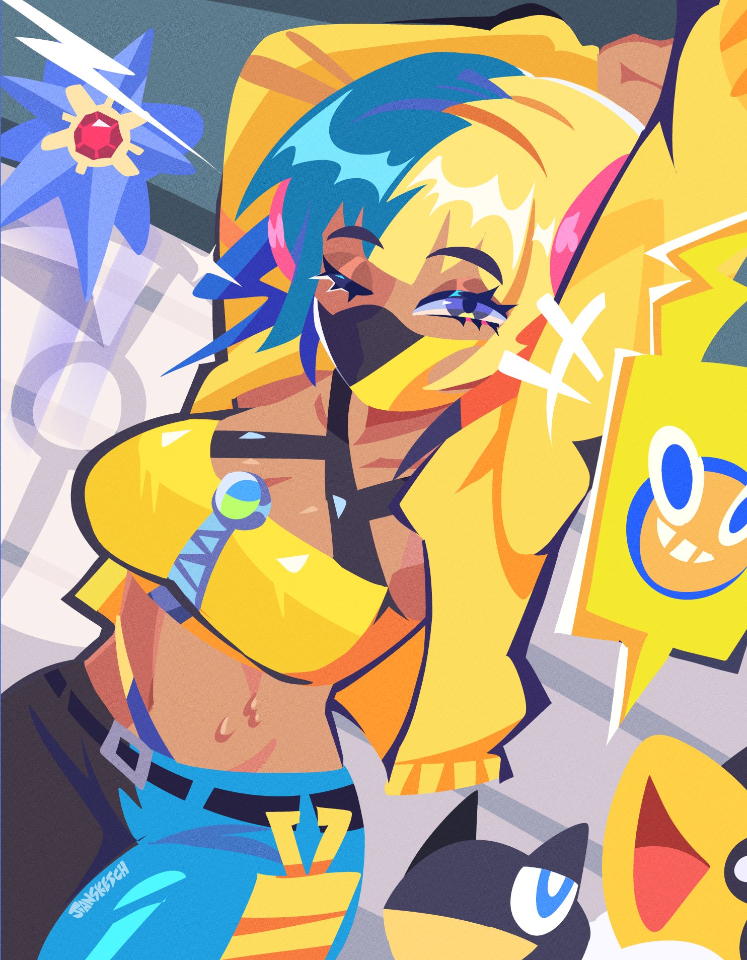 jiansketch, ampharos, canari (pokemon), heliolisk, rotom, rotom phone, starmie, nintendo, pokemon, pokemon legends: z-a, commentary, english commentary, highres, 1girl, aqua hair, bandeau, belt, black mask, blonde hair, breasts, cleavage, criss-cross halter, crop top, cropped jacket, curly sidelocks, fake hair bun, gen 1 pokemon, gen 2 pokemon, gen 4 pokemon, gen 6 pokemon, halterneck, jacket, large breasts, lightning bolt symbol, mask, midriff, mouth mask, multicolored hair, navel, one eye closed, pants, short twintails, solo, split-color hair, stomach, strapless, twintails, two-tone hair, yellow bandeau, yellow jacket
