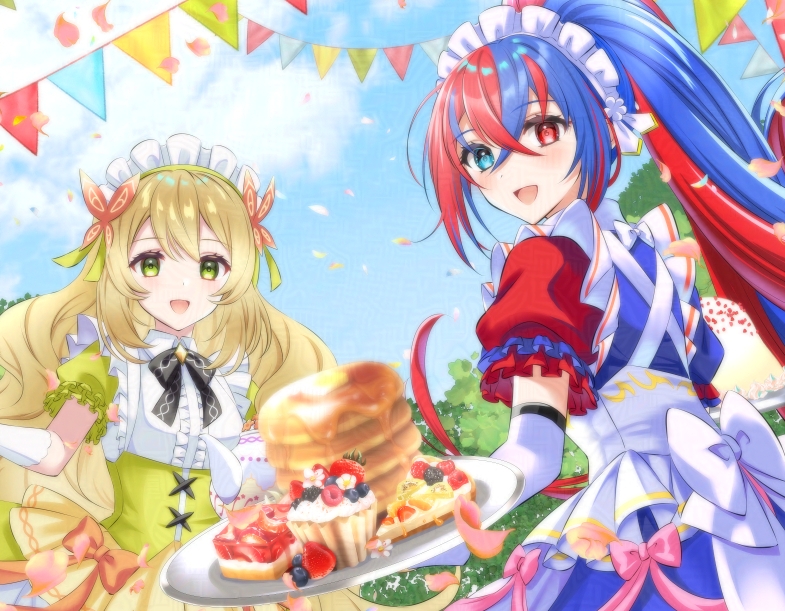 kakiko210, celine (blissful tea party) (fire emblem), celine (fire emblem), female alear (fire emblem), fire emblem, fire emblem engage, fire emblem heroes, nintendo, 1girl, 2girls, alternate costume, apron, black bow, black bowtie, blonde hair, blue dress, blue eyes, blue hair, blue sky, blush, bow, bowtie, breasts, butterfly hair ornament, cake, cake slice, cloud, crossed bangs, cupcake, dress, elbow gloves, food, fruit, gloves, green dress, hair between eyes, hair ornament, headdress, heterochromia, holding, holding tray, long hair, looking at viewer, maid, maid apron, maid headdress, multicolored hair, multiple girls, official alternate costume, official alternate hairstyle, open mouth, outdoors, pancake, pancake stack, ponytail, puffy short sleeves, puffy sleeves, red dress, red eyes, red hair, short sleeves, sky, small breasts, smile, split-color hair, strawberry, tray, two-tone hair, very long hair, white gloves, white headdress, yellow dress