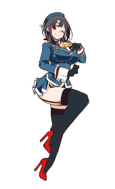 udukikosuke, takao (kancolle), kantai collection, commentary, 1girl, ascot, beret, black gloves, black hair, black thighhighs, blue hat, blush, breasts, full body, garter straps, gloves, hand on own chest, hat, large breasts, looking at viewer, military, military uniform, one eye closed, red eyes, short hair, skirt, smile, solo, standing, standing on one leg, thighhighs