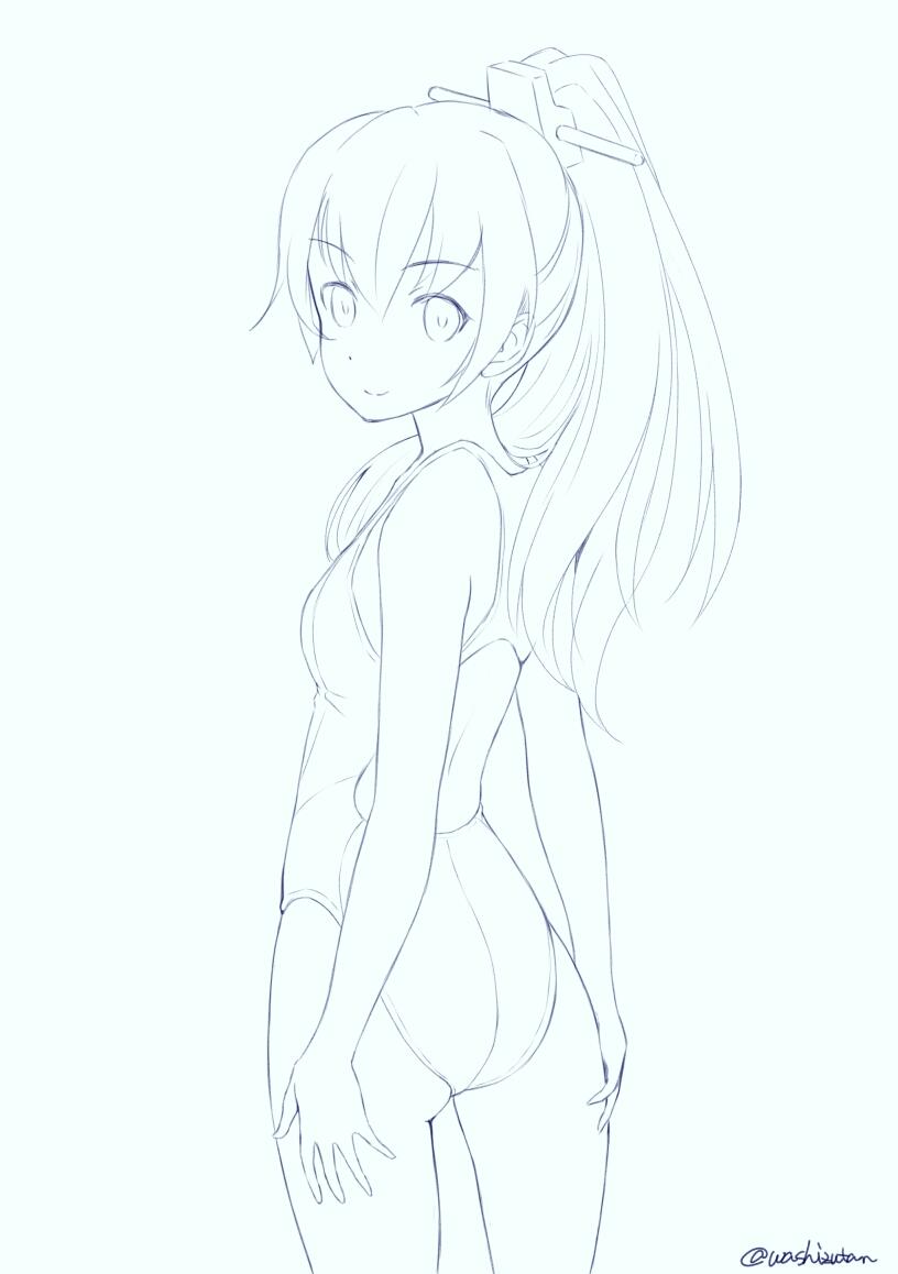 wa (genryusui), kumano (kancolle), kantai collection, 1girl, ass, closed mouth, cowboy shot, dot nose, double-parted bangs, green background, hair between eyes, hands on own thighs, highleg, highleg one-piece swimsuit, lineart, long hair, looking at viewer, looking back, monochrome, one-hour drawing challenge, one-piece swimsuit, ponytail, sidelocks, simple background, smile, solo, swimsuit, twitter username