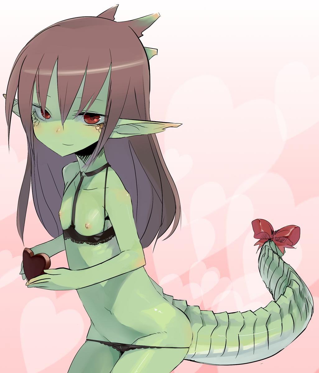 ume (datsuryokugen), ryuujin no senpai, original, highres, 1girl, brown hair, chocolate, colored skin, dragon girl, dragon tail, female focus, flat chest, green skin, lingerie, loli, monster girl, nipples, panties, panty pull, pointy ears, red eyes, ribbon, scales, smile, solo, tail, underwear