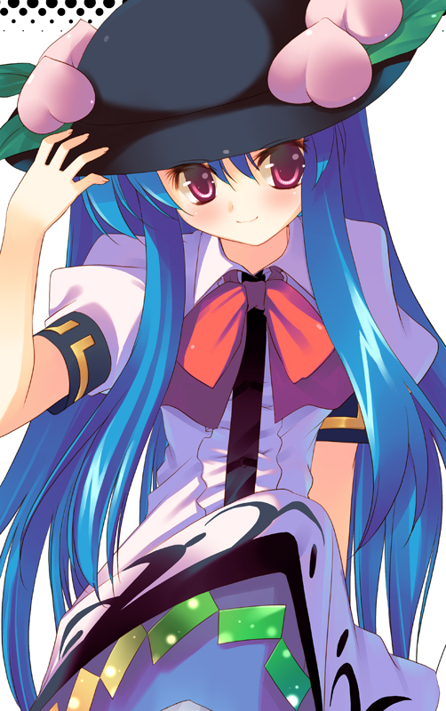 arikawa satoru, hinanawi tenshi, touhou, 1girl, blue hair, female focus, hat, long hair, pink eyes, solo