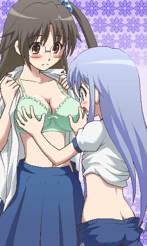 awa, index (toaru majutsu no index), kazakiri hyouka, toaru majutsu no index, lowres, 00s, 2girls, blush, bra, breasts, brown eyes, brown hair, butt crack, cleavage, grabbing another's breast, groping, hair bobbles, hair ornament, jaggy lines, lingerie, long hair, medium breasts, multiple girls, oekaki, open clothes, open shirt, shirt, side ponytail, small breasts, underwear, undressing, yuri