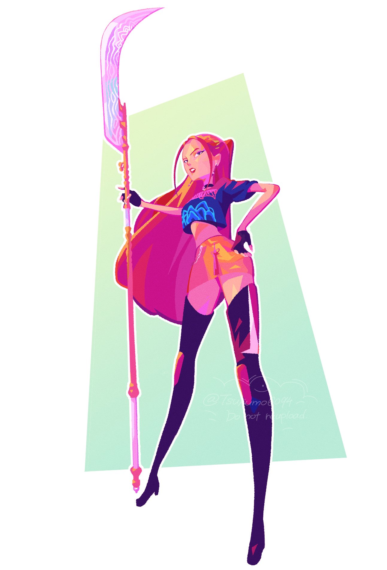 mira (kpop demon hunters), kpop demon hunters, commentary, highres, 1girl, artist name, black boots, black gloves, boots, choker, crop top, earrings, fingerless gloves, full body, gloves, high heel boots, high heels, holding, holding polearm, holding weapon, jewelry, long hair, parted lips, pink hair, pink lips, polearm, sidelocks, solo, thigh boots, tsukumo6094, twintails, twitter username, watermark, weapon, yellow eyes