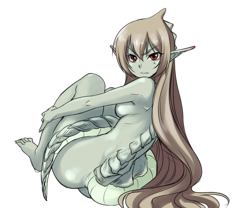 695 (mukuko), ryuujin no senpai, original, bad id, bad pixiv id, 1girl, ahoge, ass, barefoot, breasts, brown hair, colored skin, dragon girl, dragon tail, feet, female focus, frown, green skin, long hair, medium breasts, monster girl, nude, pointy ears, scales, sideboob, solo, sweatdrop, tail, toes, very long hair