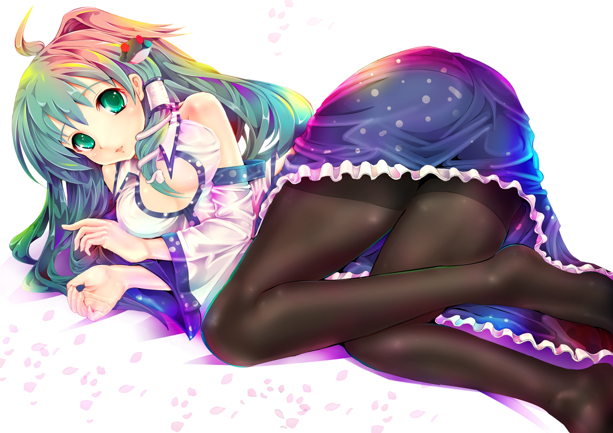 teruru, kochiya sanae, touhou, 1girl, ass, bare shoulders, breasts, detached sleeves, female focus, frog, green eyes, green hair, hair ornament, large breasts, long hair, matching hair/eyes, pantyhose, snake, solo