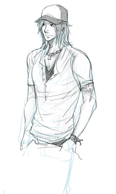 takami itsuki, one outs, looking away, 1boy, baseball cap, blue theme, bracelet, earrings, facial hair, hands in pockets, hat, jewelry, layered clothes, long hair, male focus, monochrome, necklace, sketch, solo, tattoo, tribal tattoo, unbuttoned