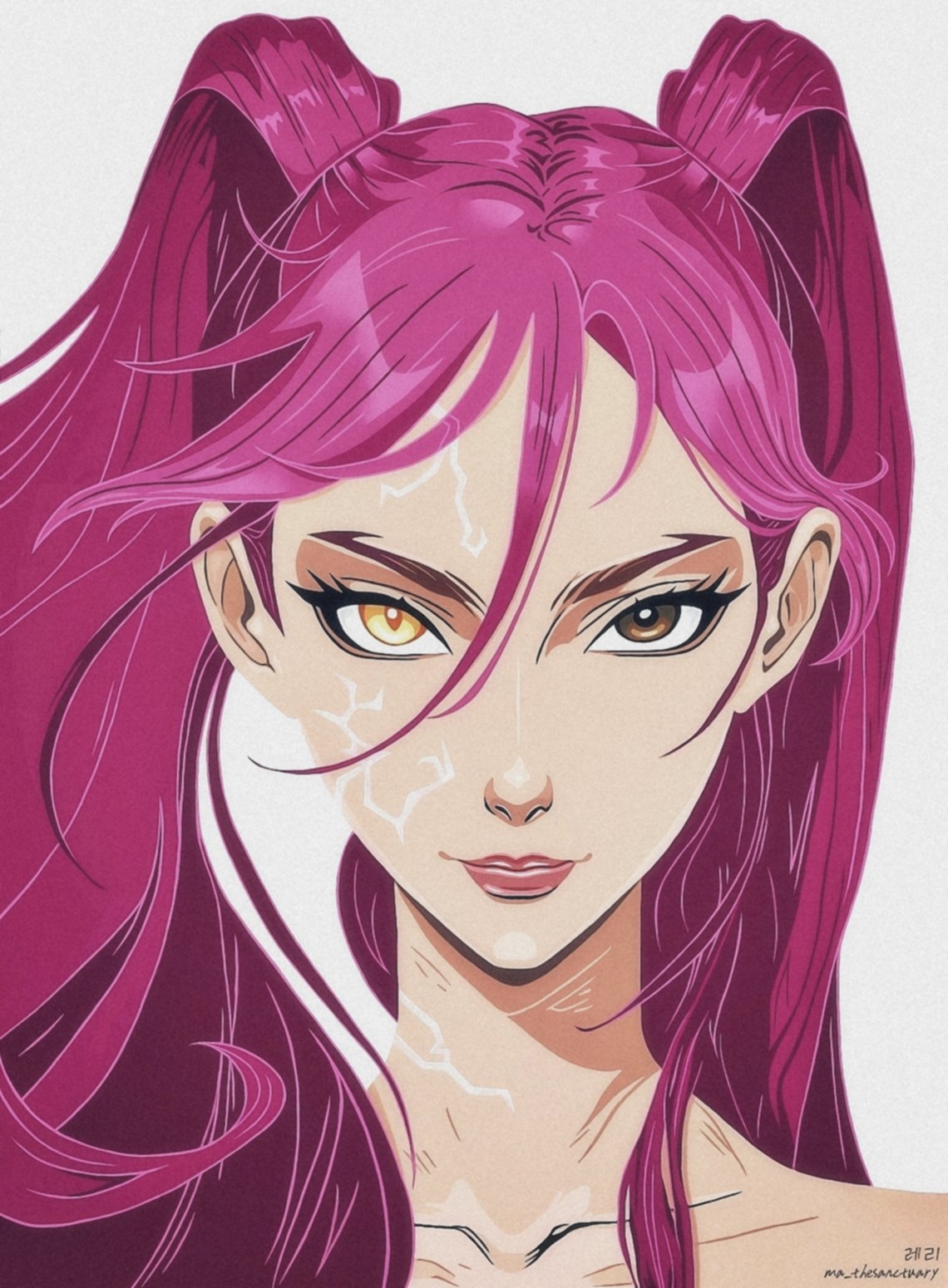 kpop demon hunters, original, commentary, english commentary, highres, 1girl, body markings, brown eyes, closed mouth, facial mark, hair between eyes, heterochromia, looking at viewer, ma thesanctuary, makeup, mascara, orange eyes, pink lips, sidelocks, simple background, smile, solo, twintails