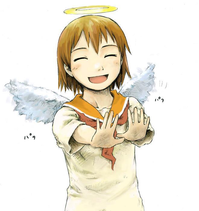 naotan, rakka (haibane renmei), haibane renmei, 00s, brown hair, closed eyes, dress, halo, short hair, smile, solo, traditional halo, wings