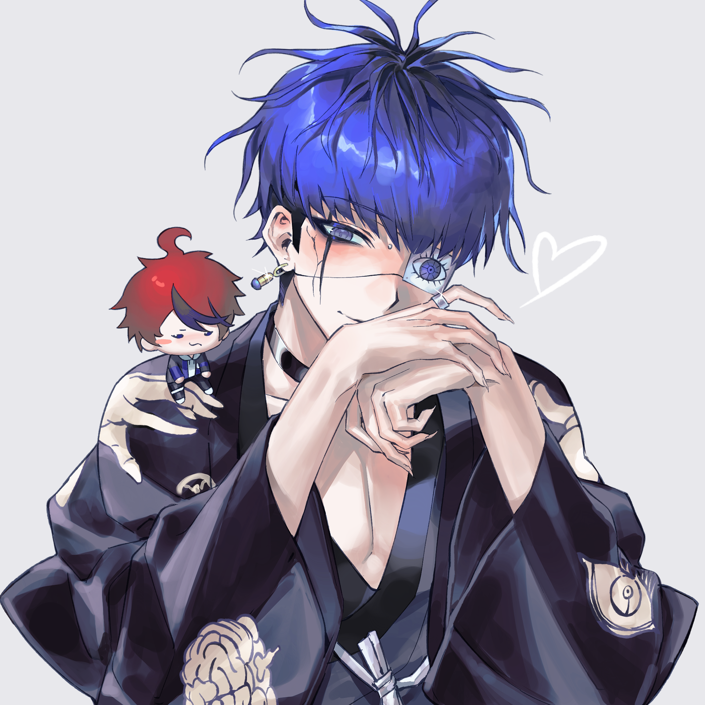 richost, omokage yugamu, sumino takumi, the hundred line -last defense academy-, chinese commentary, commentary request, highres, 2boys, ahoge, black choker, black hair, black haori, black kimono, black pants, blue hair, blue jacket, blush, blush stickers, bridge piercing, chibi, choker, closed mouth, drawstring, earrings, eyepatch, face piercing, facepaint, glint, grey background, grey eyes, grey jacket, haori, heart, hood, hood down, hoodie, jacket, jacket over hoodie, japanese clothes, jewelry, kimono, long sleeves, male focus, mini person, miniboy, multicolored hair, multicolored jacket, multiple boys, open clothes, open jacket, pants, piercing, print eyepatch, print haori, red hair, ring, roots (hair), shoes, short hair, single blush sticker, streaked hair, thigh strap, two-tone hair, two-tone jacket, upper body, wavy mouth, white hoodie, white shoes, wide sleeves, yaoi