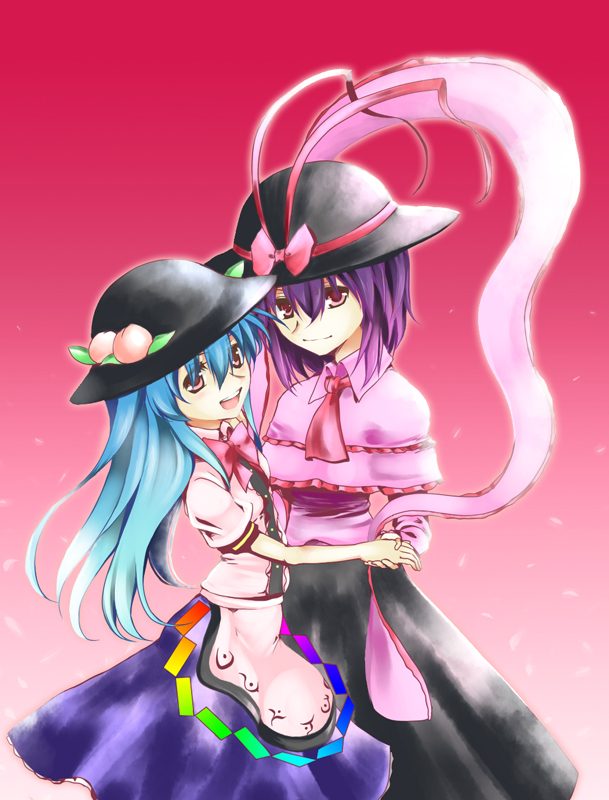 toraneko, hinanawi tenshi, nagae iku, touhou, bad id, bad pixiv id, 2girls, blue hair, female focus, food, fruit, gradient background, hat, long hair, multiple girls, peach, purple hair, red eyes, scarf, shawl, short hair, standing
