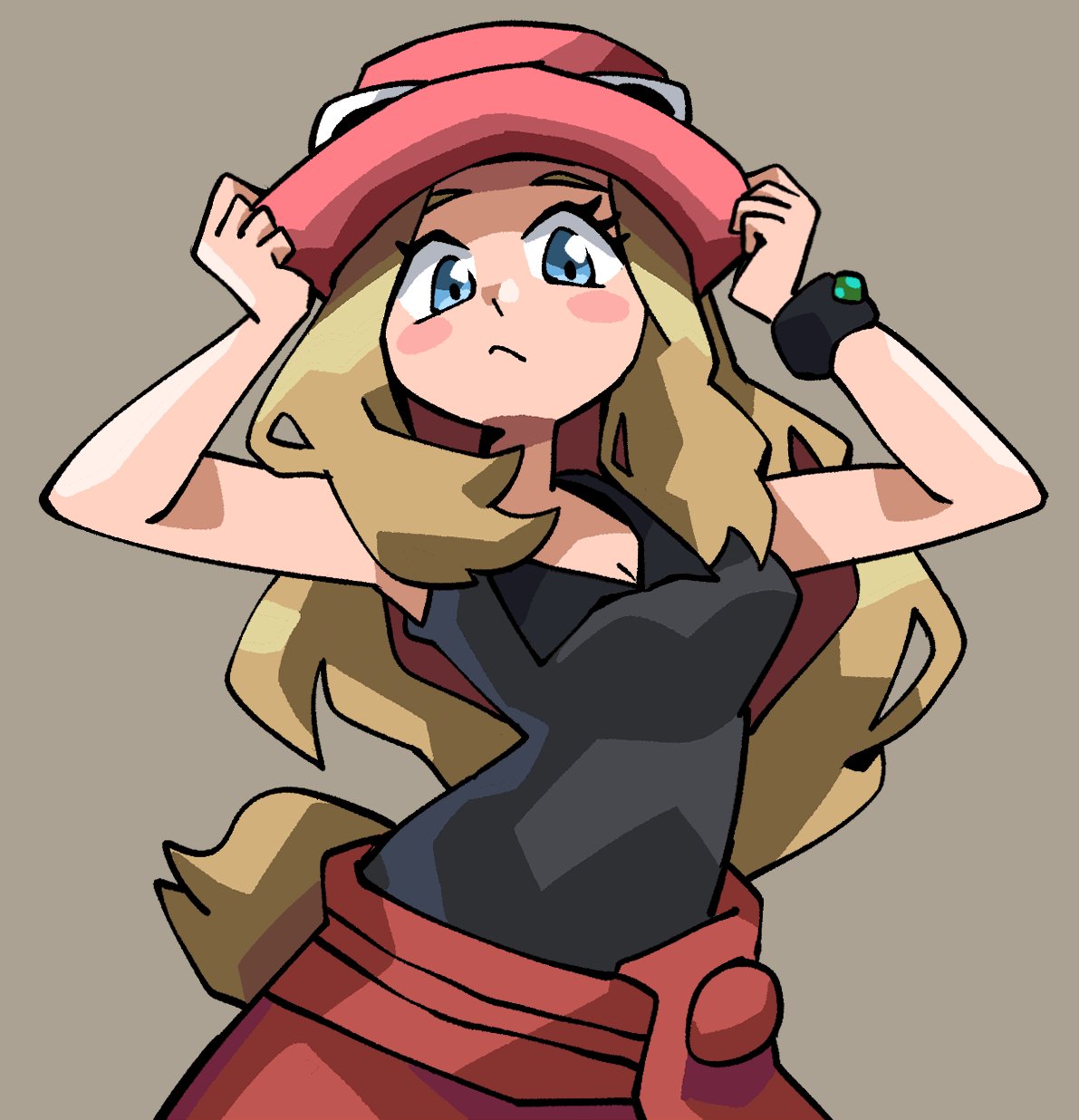 notus 49, serena (pokemon), nintendo, pokemon, pokemon xy, highres, 1girl, blonde hair, blue eyes, blush stickers, eyewear on headwear, grey background, hat, long hair, looking at viewer, mega ring, pink hat, red skirt, shirt, simple background, skirt, sleeveless, sleeveless duster, sleeveless shirt, solo, sunglasses, upper body, white-framed eyewear