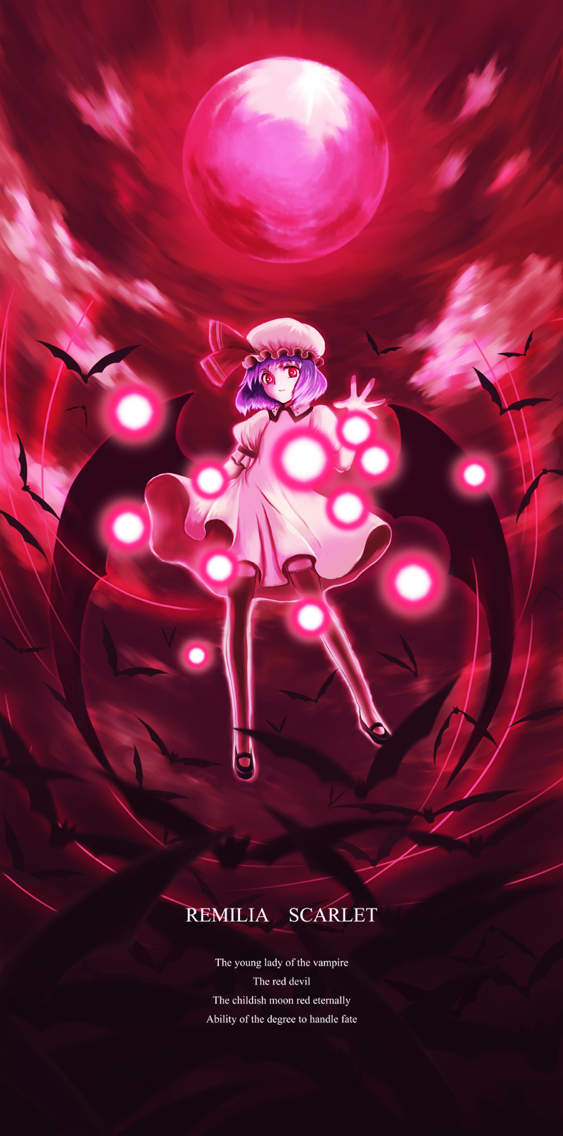 lakuhito, remilia scarlet, touhou, highres, 1girl, bat (animal), cloud, danmaku, english text, engrish text, female focus, full body, moon, outdoors, ranguage, red moon, sky, solo, wings