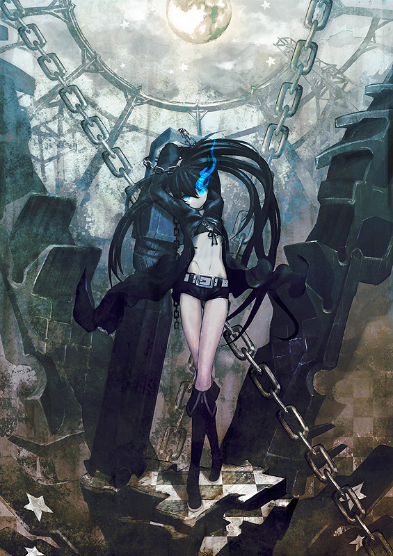 huke, black rock shooter (character), black rock shooter, 10s, 1girl, arm cannon, belt, black hair, blue eyes, boots, bra, chain, checkered floor, coat, female focus, glowing, glowing eyes, gun, lingerie, long hair, midriff, moon, navel, open clothes, open coat, scar, shorts, sky, solo, star (symbol), stitches, twintails, underwear, very long hair, weapon