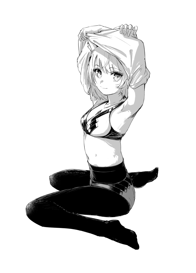 chin bell, mio (xenoblade), xenoblade chronicles (series), xenoblade chronicles 3, commentary request, 1girl, armpits, breasts, closed mouth, greyscale, looking at viewer, medium breasts, monochrome, navel, no shoes, panties, panties under pantyhose, pantyhose, simple background, sitting, smile, solo, underwear, undressing, wariza, white background