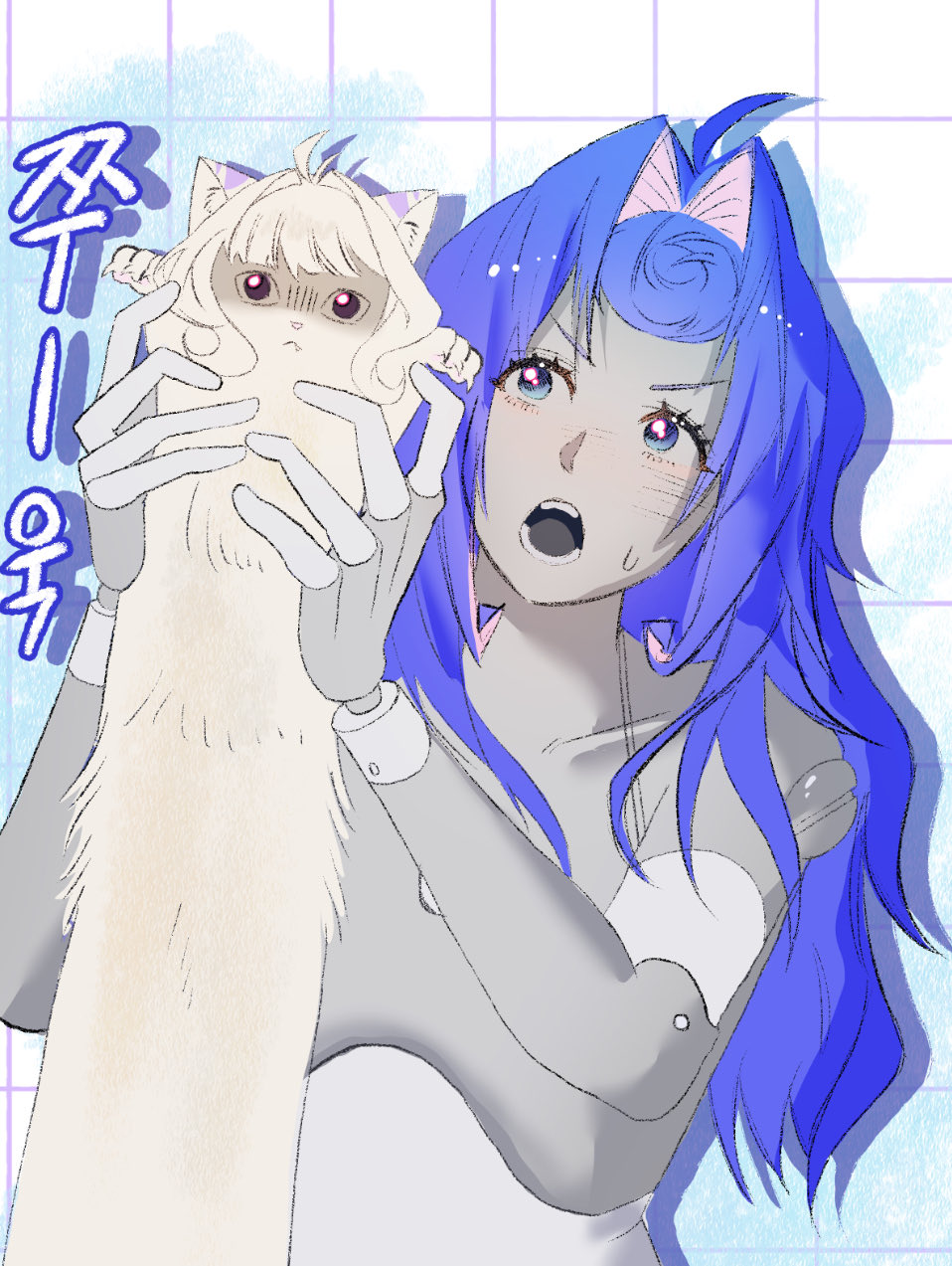 knights of guinevere, highres, 2girls, android, animal ears, animalization, bare shoulders, bigi777777, blue eyes, blue hair, breasts, cat ears, cleavage, colored skin, dress, gloves, grey skin, hair intakes, long hair, looking at viewer, multiple girls, olivia park, princess, princess dress, white dress
