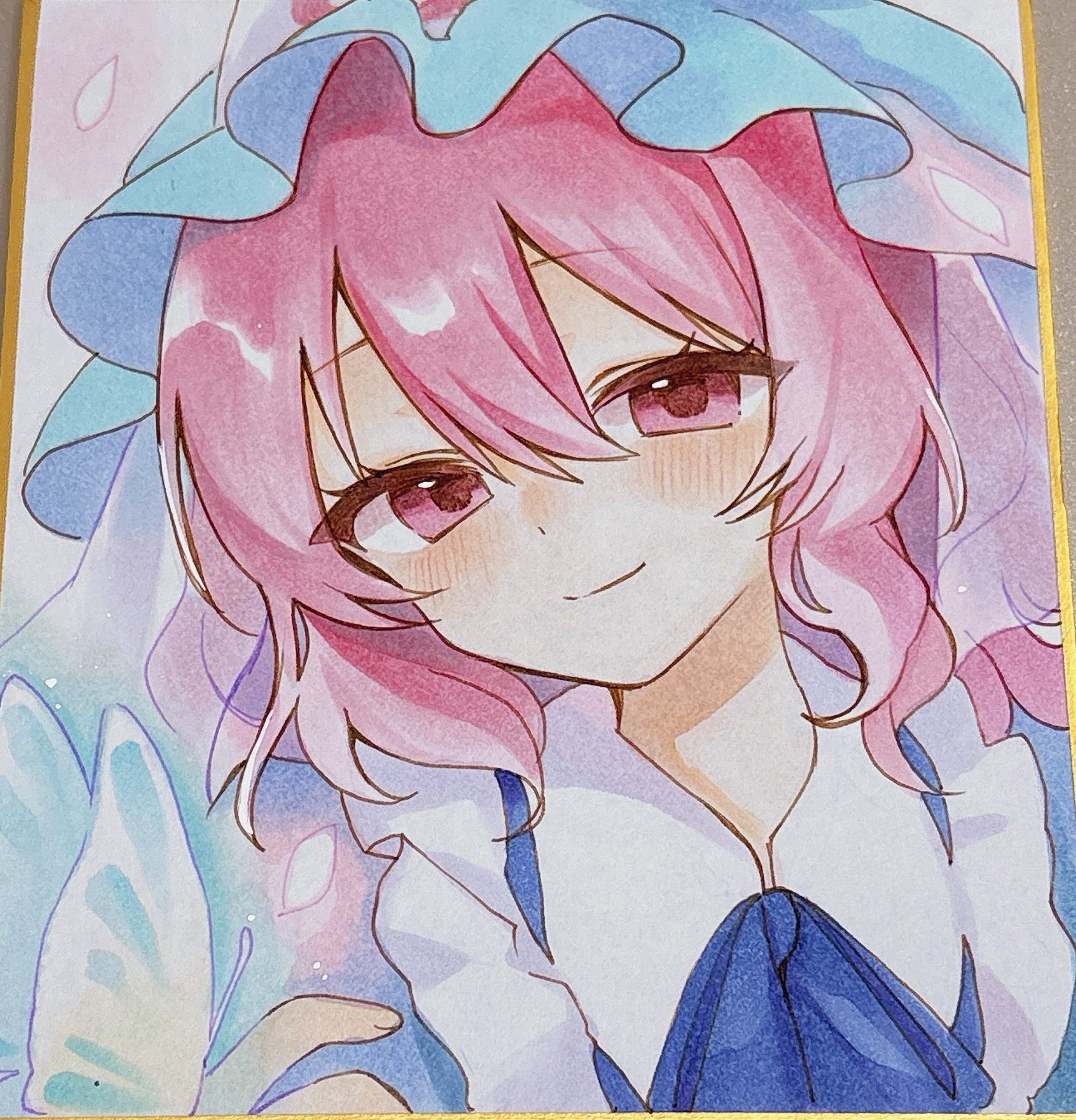 moni monico, saigyouji yuyuko, touhou, commentary, highres, marker (medium), traditional media, 1girl, blue hat, blue kimono, bug, butterfly, closed mouth, double-parted bangs, hair between eyes, hat, insect, japanese clothes, kimono, looking at viewer, medium hair, mob cap, pink eyes, pink hair, shikishi, smile, solo, triangular headpiece, veil, white veil