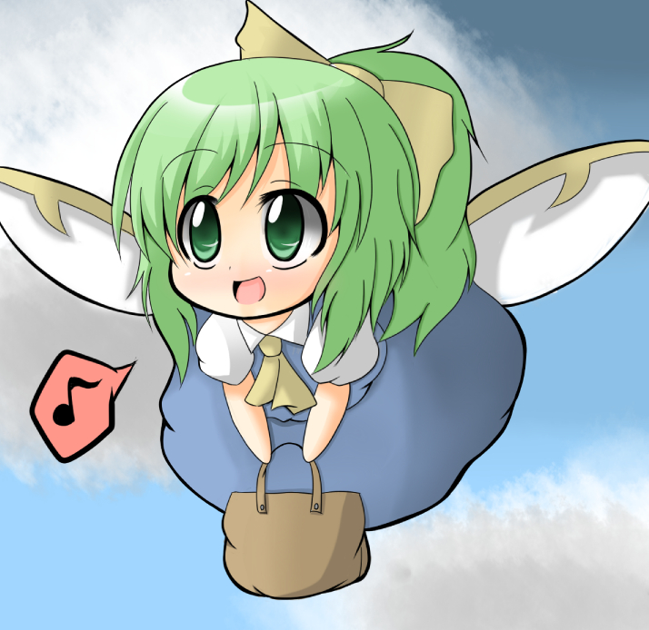 mori 181, daiyousei, embodiment of scarlet devil, touhou, 1girl, bag, chibi, cloud, female focus, flying, full body, green eyes, green hair, hair ribbon, musical note, outdoors, ribbon, short hair, sky, solo, wings