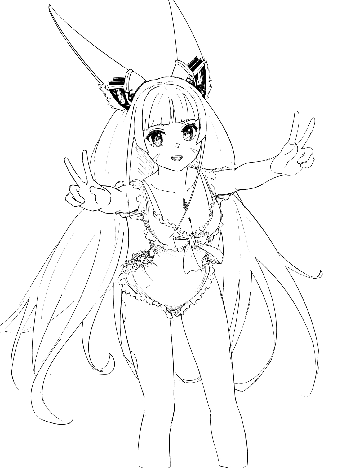 chin bell, nia (blade) (xenoblade), nia (xenoblade), xenoblade chronicles (series), xenoblade chronicles 2, commentary request, highres, 1girl, animal ears, bikini, breasts, cat ears, cat girl, cleavage, collarbone, double v, frilled bikini, frills, greyscale, looking at viewer, medium breasts, monochrome, no navel, open mouth, smile, solo, standing, swimsuit, v