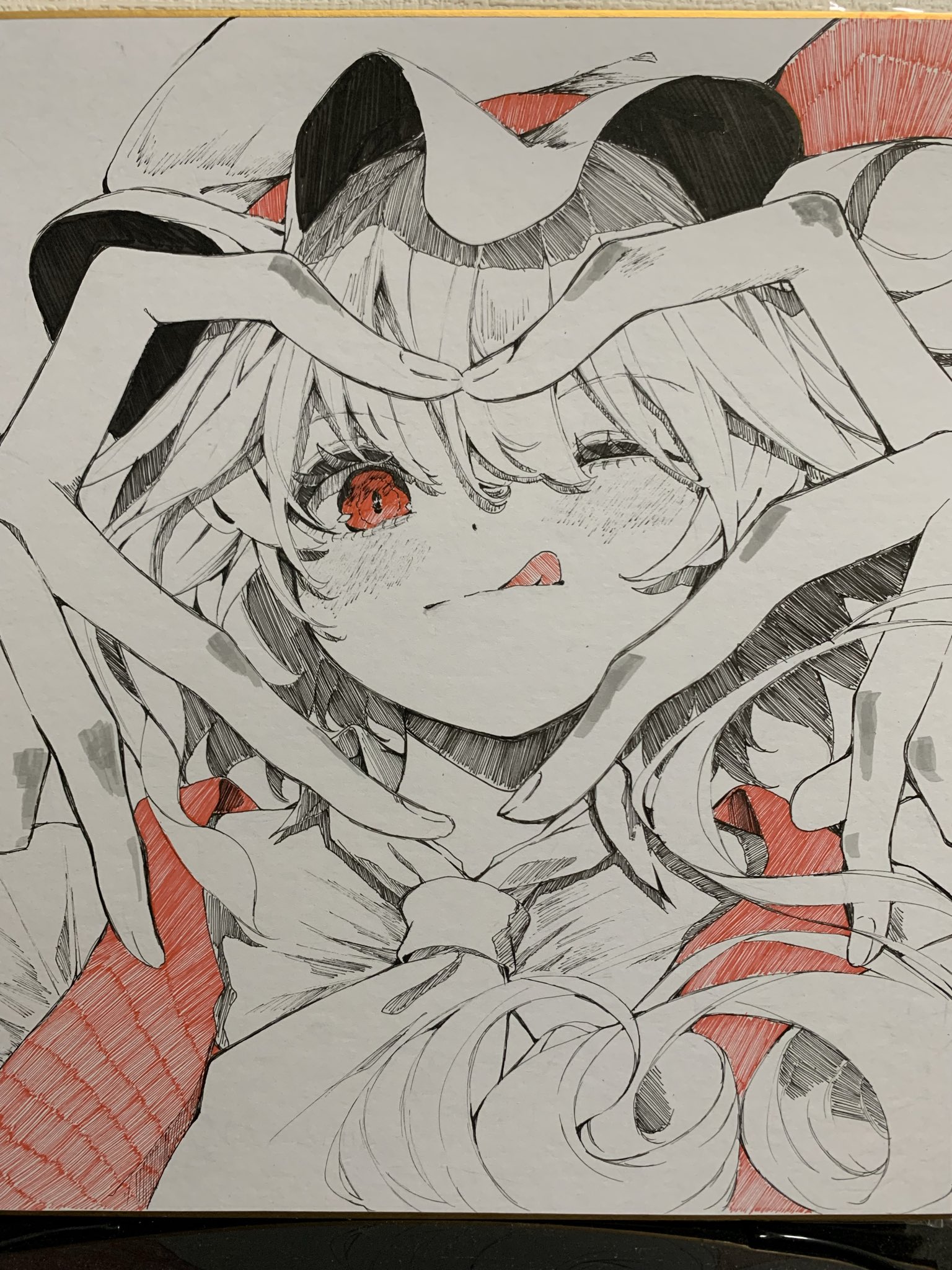 kararage tsune, flandre scarlet, touhou, commentary, highres, traditional media, 1girl, ;q, ascot, collared shirt, four-finger heart hands, hair between eyes, hat, hat ribbon, heart, heart hands, long hair, looking at viewer, mob cap, one eye closed, red eyes, red ribbon, red vest, ribbon, shikishi, shirt, solo, spot color, tongue, tongue out, upper body, vest