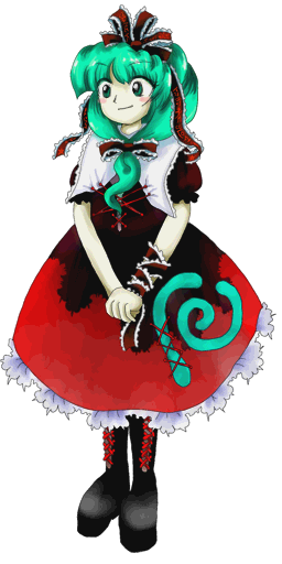 zun (artist), kagiyama hina, mountain of faith, touhou, official art, 1girl, aqua eyes, aqua hair, arm ribbon, blush, boots, bow, dress, female focus, frills, front ponytail, full body, green eyes, green hair, hair bow, hair ornament, hair ribbon, lace-up boots, long hair, matching hair/eyes, red dress, ribbon, smile, solo, transparent background