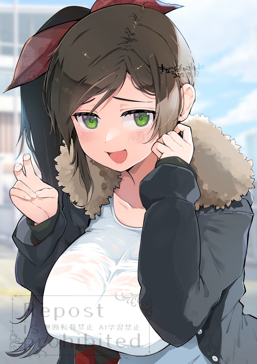 kinako (mzknk0), murakumo (senran kagura), senran kagura, commentary request, 1girl, black jacket, breasts, brown hair, green eyes, jacket, large breasts, long hair, looking at viewer, open clothes, open jacket, open mouth, shirt, side ponytail, sweaty clothes, v, white shirt
