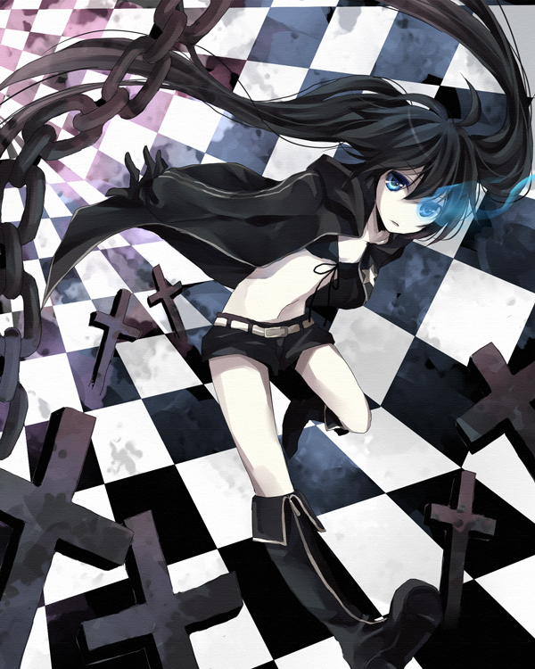 karu, yuzuki karu, black rock shooter (character), black rock shooter, vocaloid, bad id, bad pixiv id, 10s, 1girl, black hair, blue eyes, boots, chain, cross, female focus, flat chest, knee boots, midriff, pale skin, short shorts, shorts, solo, star (symbol), swimsuit